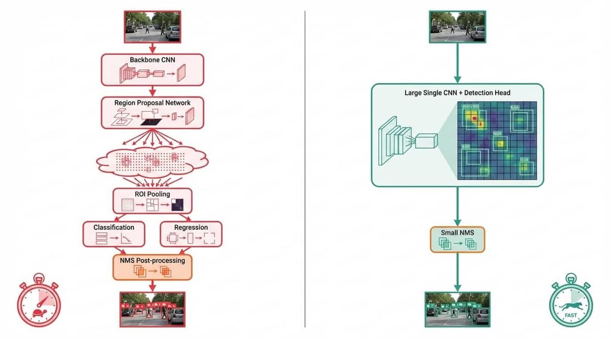 Technical comparison showing two-stage R-CNN pipeline with region proposals versus YOLO's single-shot architecture