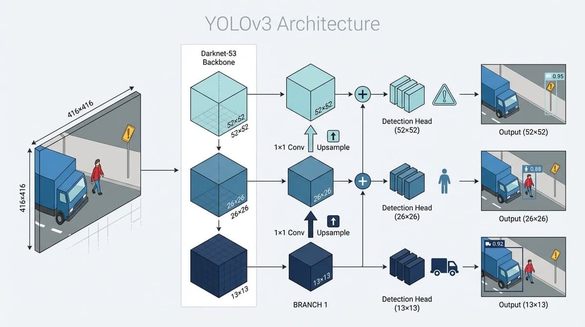 YOLOv3 feature pyramid network architecture showing multi-scale detection at 13x13, 26x26, and 52x52 grid resolutions