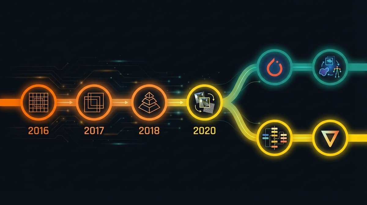 YOLO version timeline from 2016 to 2024 showing the branching evolution into multiple parallel development tracks