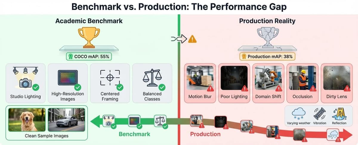 Split comparison visualization contrasting academic benchmark conditions versus production reality performance gap