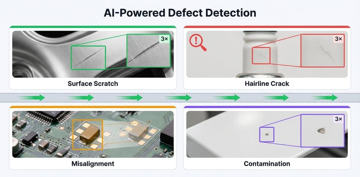 Manufacturing defect detection showcase showing four types of defects — surface scratch, hairline crack, misalignment, and contamination — detected by AI on a production line
