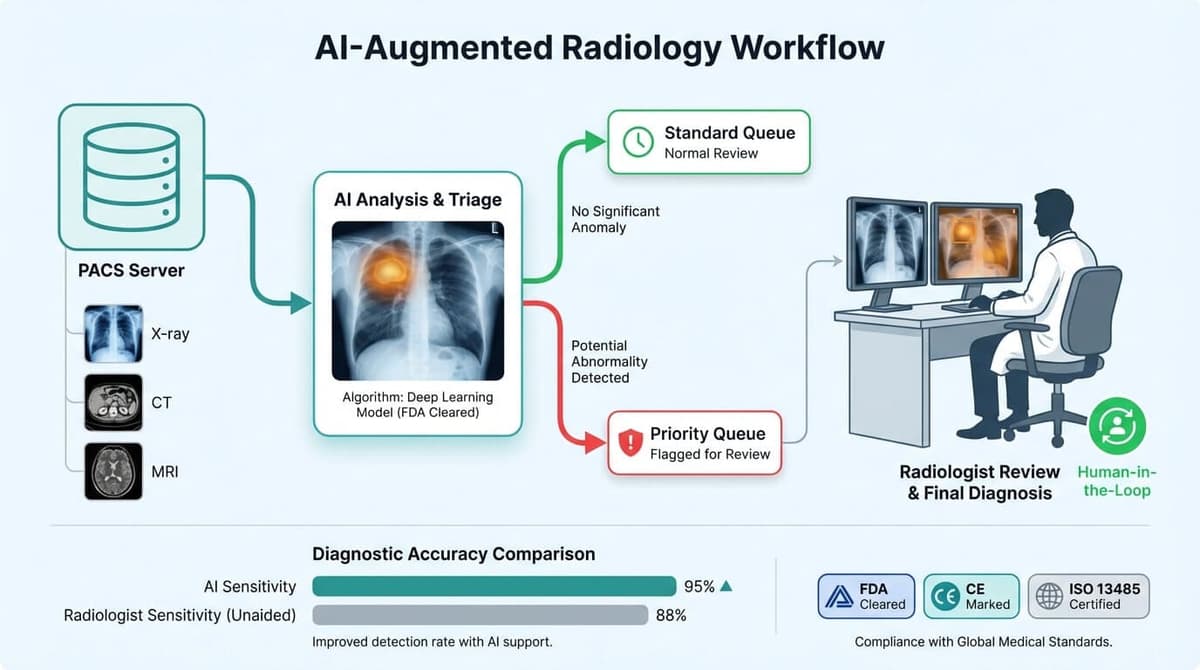 Healthcare AI radiology workflow showing PACS integration, AI analysis with attention heatmaps, priority queuing, and human-in-the-loop verification