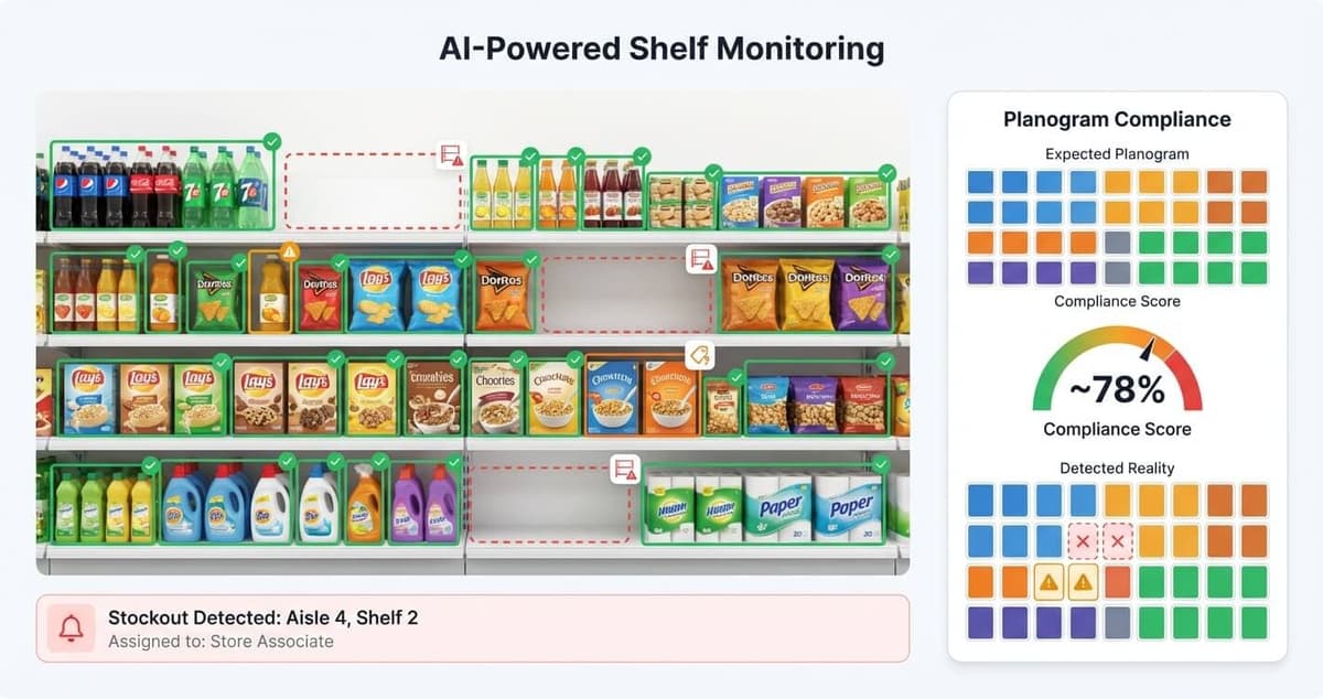 Retail shelf monitoring showcase with AI overlays showing correctly placed products, misplaced items, and stockout gaps alongside planogram compliance scoring