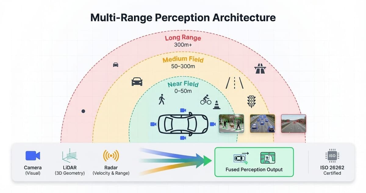 Autonomous vehicle multi-range perception architecture showing near, medium, and long range detection zones with sensor fusion