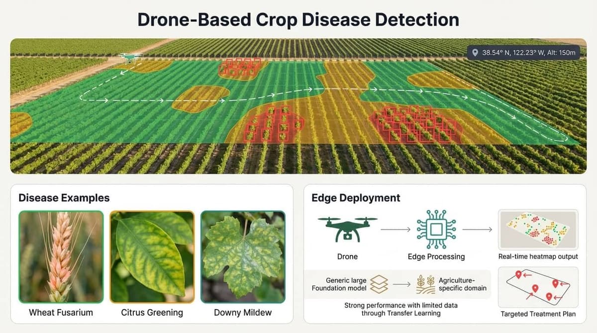 Agricultural drone disease detection showcase with aerial field view showing health zones, disease examples, and edge deployment architecture