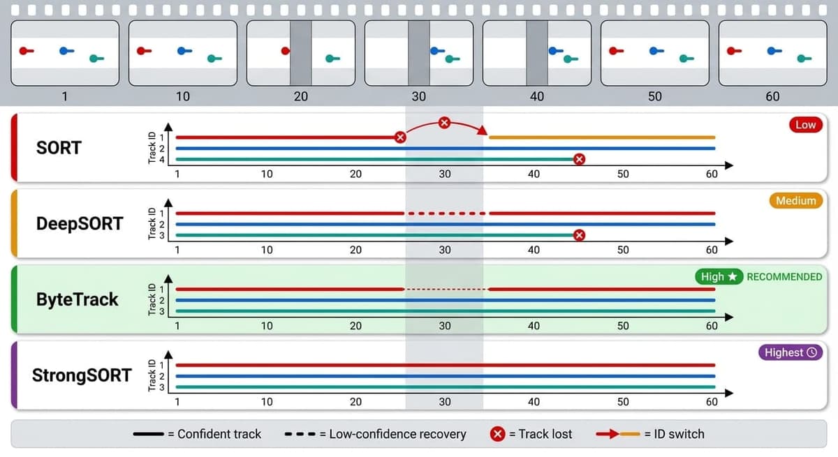 Stacked timeline visualization comparing SORT, DeepSORT, ByteTrack, and StrongSORT handling the same occlusion event — showing ID switches, track recovery, and continuous tracking