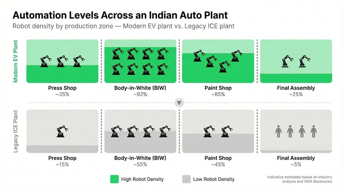 Infographic comparing automation levels across production zones in a modern EV plant versus a legacy ICE plant, showing robot density in Press Shop, Body-in-White, Paint Shop, and Final Assembly
