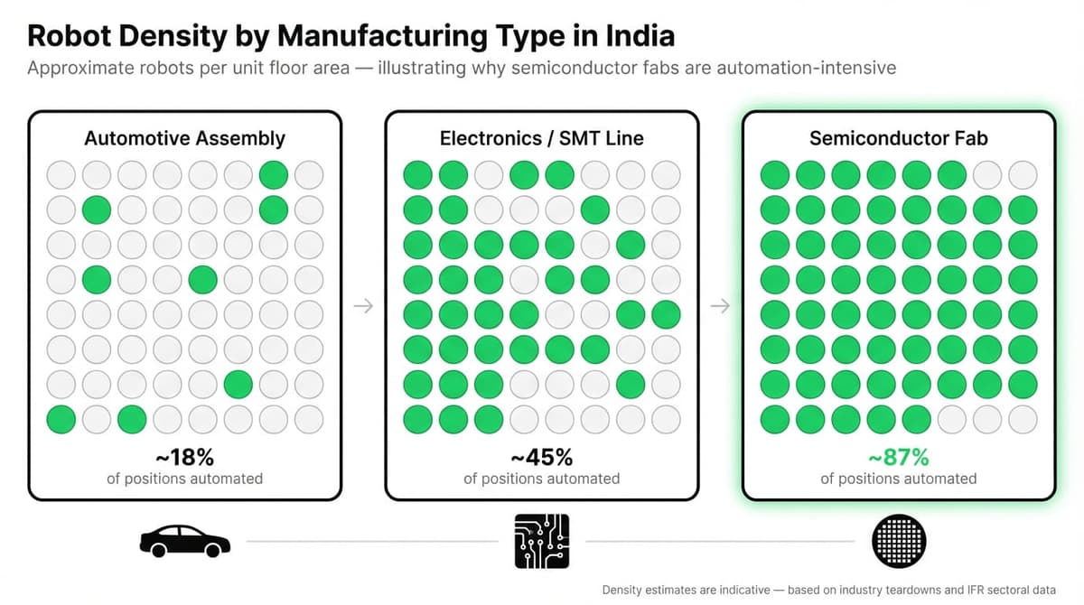 Three-column dot grid infographic comparing robot density across Automotive Assembly (~18% automated), Electronics/SMT Line (~45% automated), and Semiconductor Fab (~87% automated) in India