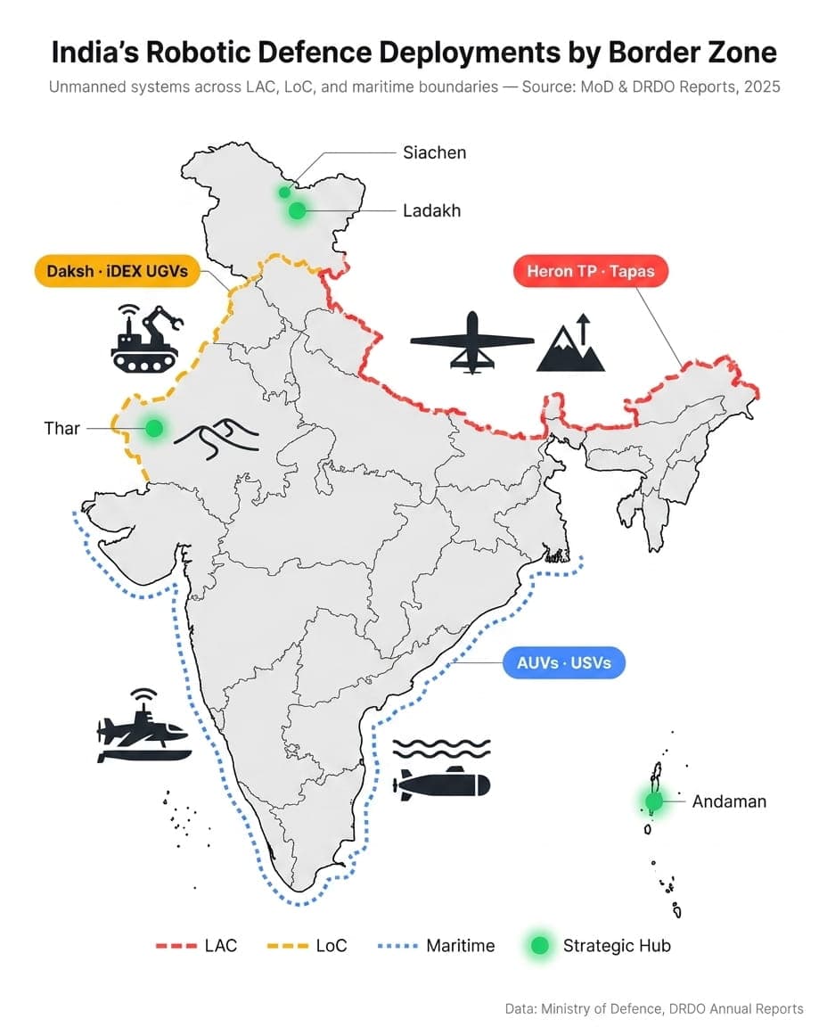 India's Robotic Defence Deployments by Border Zone — LAC, LoC, and maritime boundaries showing unmanned systems