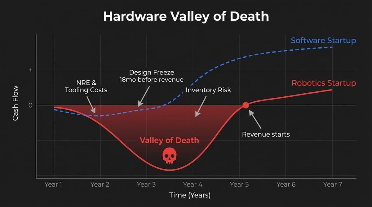 Hardware Valley of Death J-curve showing cash flow dynamics for robotics startups