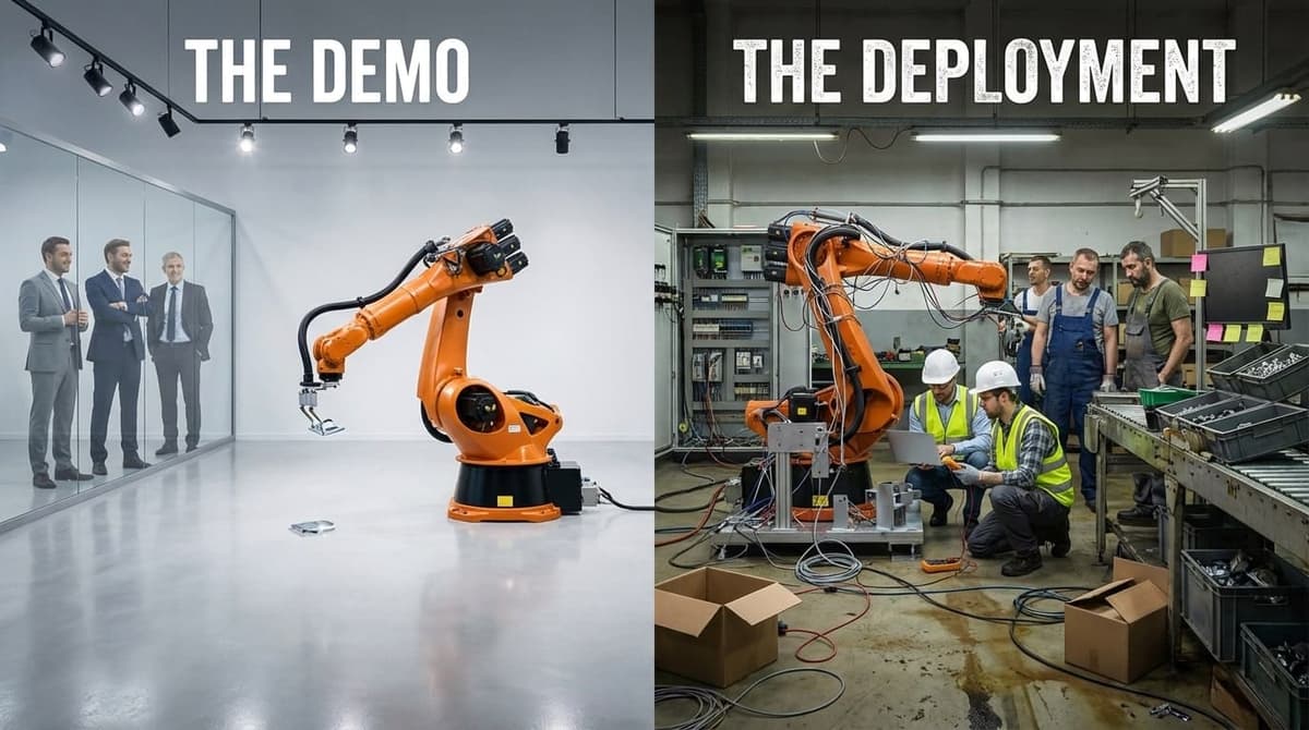 Industrial robot on factory floor showing deployment complexity